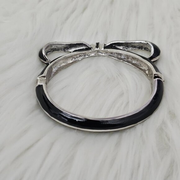 Vintage Bow Y2K Black And Silver Tone Hinged Bangle Bracelet - Picture 6 of 7